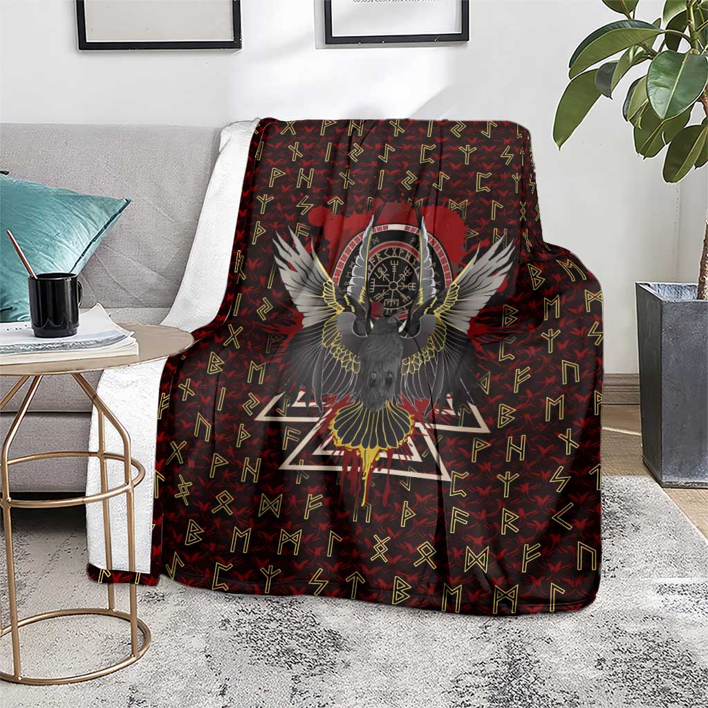 Raven and Bear Norse Symbolism Blanket Viking Blood Red Rune Art Style