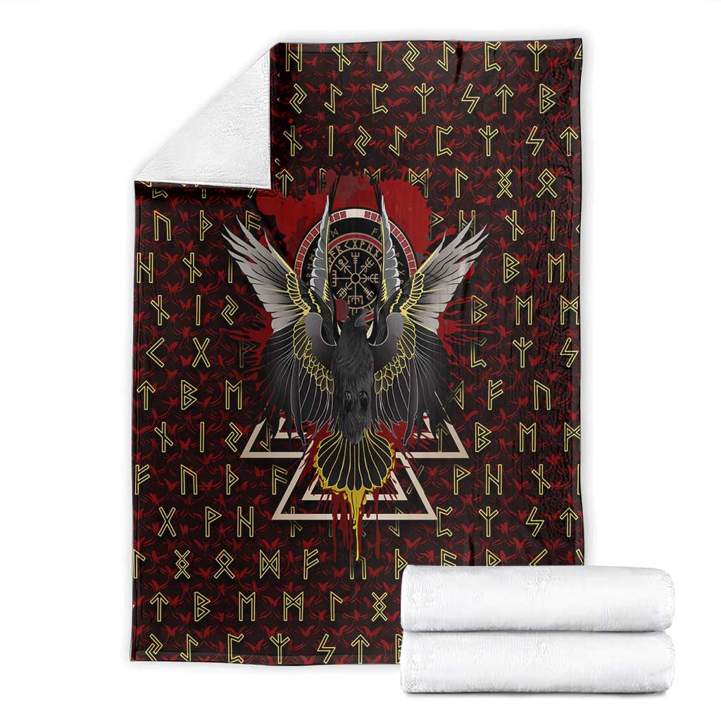 Raven and Bear Norse Symbolism Blanket Viking Blood Red Rune Art Style