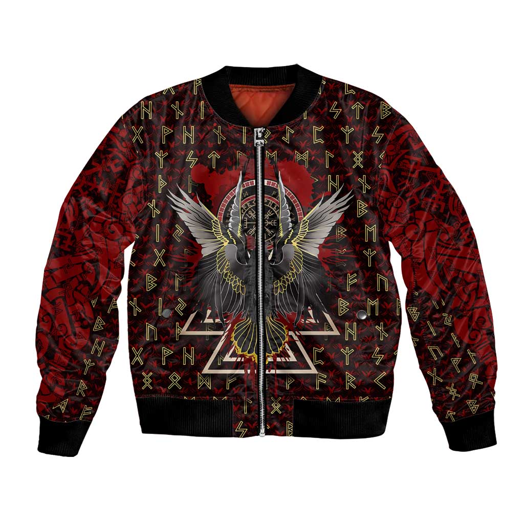 Raven and Bear Norse Symbolism Bomber Jacket Viking Blood Red Rune Art Style