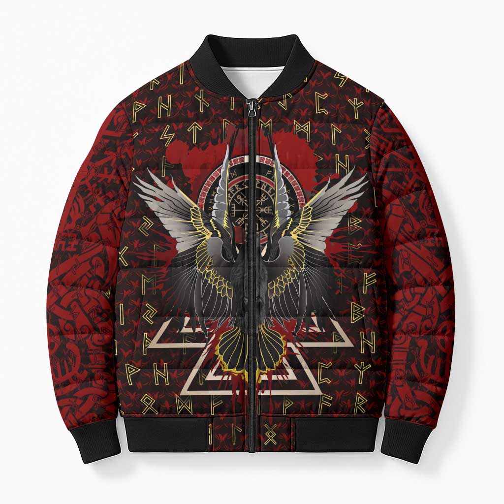Raven and Bear Norse Symbolism Bomber Puffer Jacket Viking Blood Red Rune Art Style