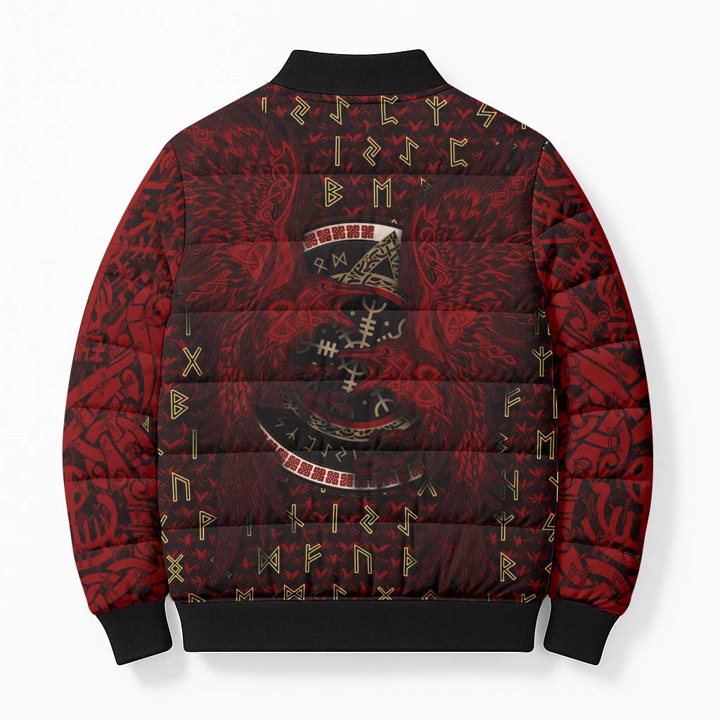 Raven and Bear Norse Symbolism Bomber Puffer Jacket Viking Blood Red Rune Art Style