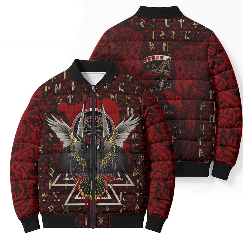 Raven and Bear Norse Symbolism Bomber Puffer Jacket Viking Blood Red Rune Art Style