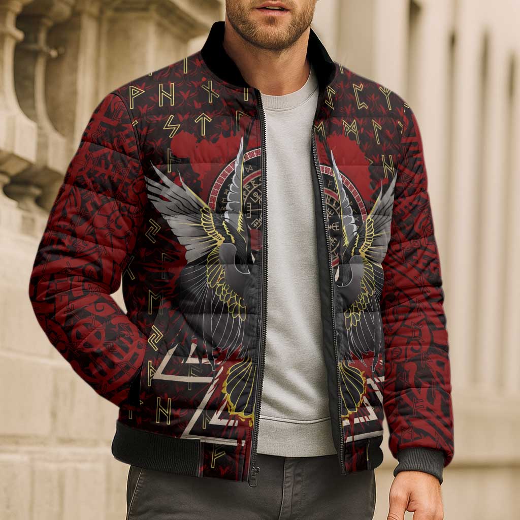 Raven and Bear Norse Symbolism Bomber Puffer Jacket Viking Blood Red Rune Art Style