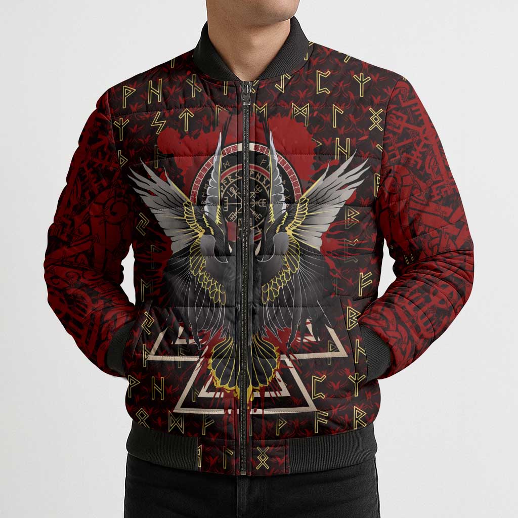 Raven and Bear Norse Symbolism Bomber Puffer Jacket Viking Blood Red Rune Art Style