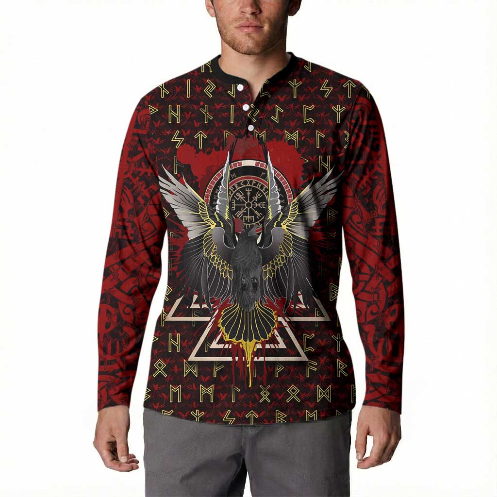Raven and Bear Norse Symbolism Button Sweatshirt Viking Blood Red Rune Art Style