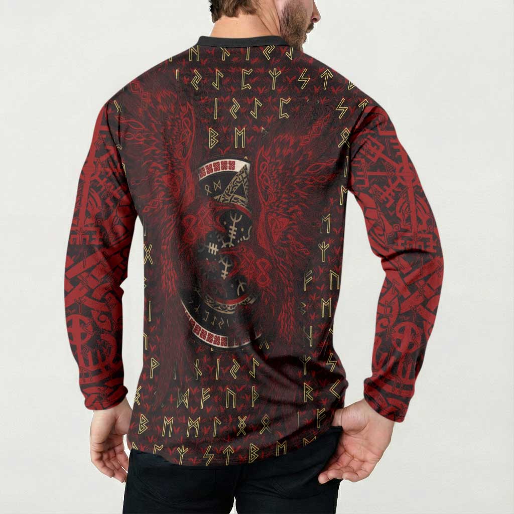 Raven and Bear Norse Symbolism Button Sweatshirt Viking Blood Red Rune Art Style