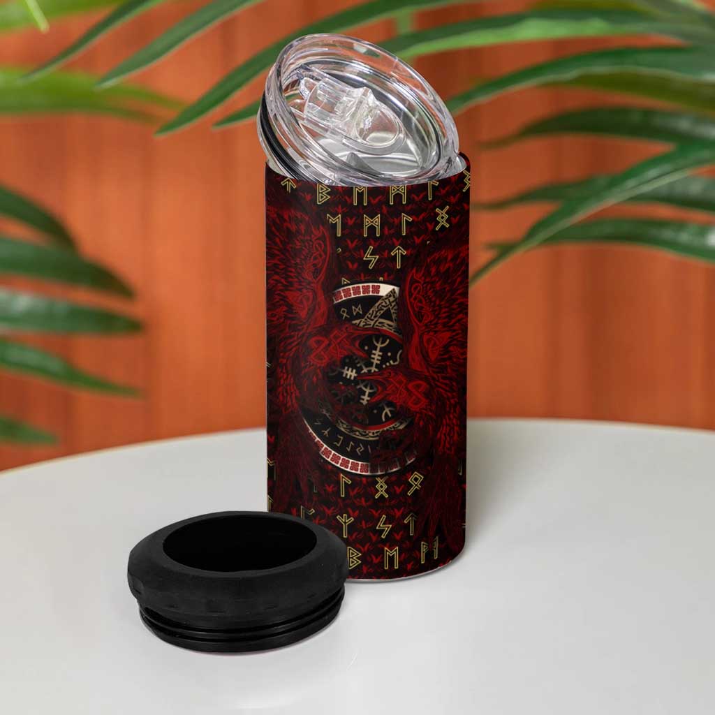 Raven and Bear Norse Symbolism 4 in 1 Can Cooler Tumbler Viking Blood Red Rune Art Style