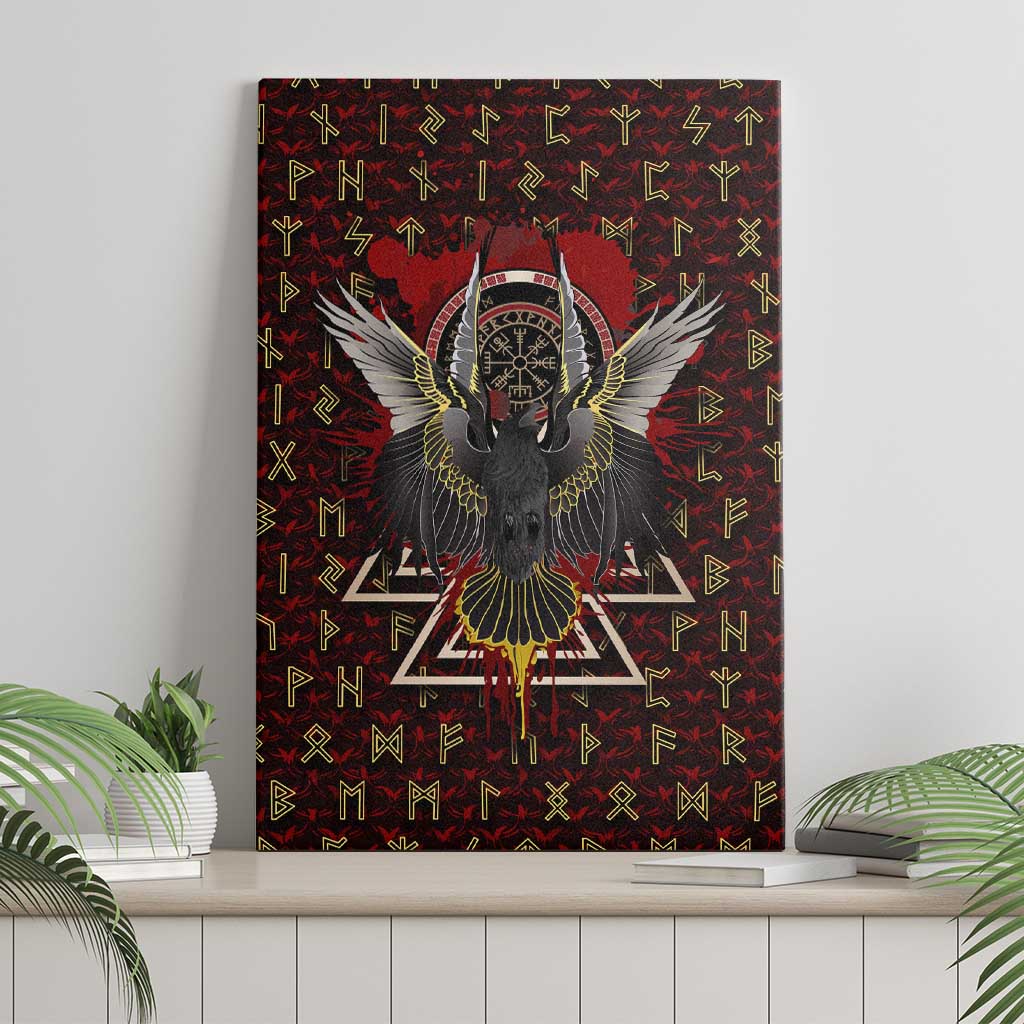 Raven and Bear Norse Symbolism Canvas Wall Art Viking Blood Red Rune Art Style