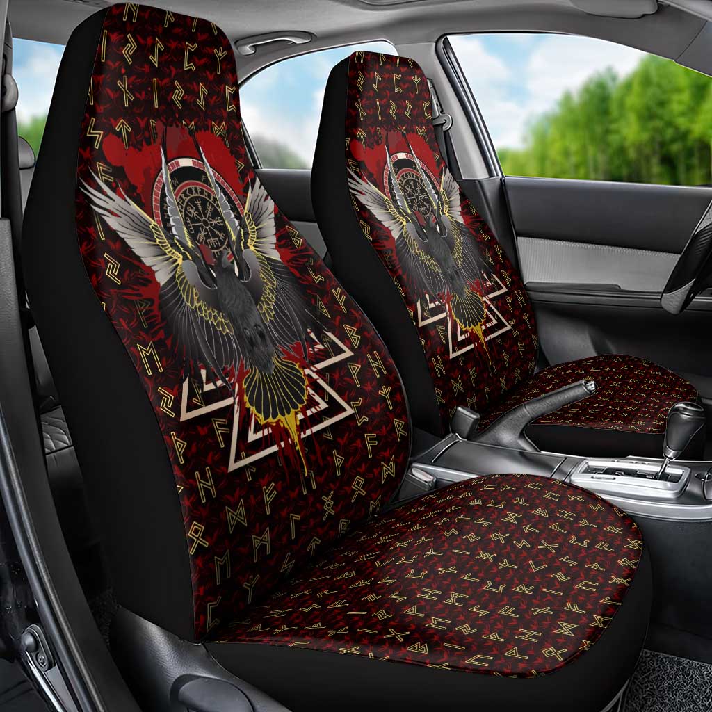 Raven and Bear Norse Symbolism Car Seat Cover Viking Blood Red Rune Art Style