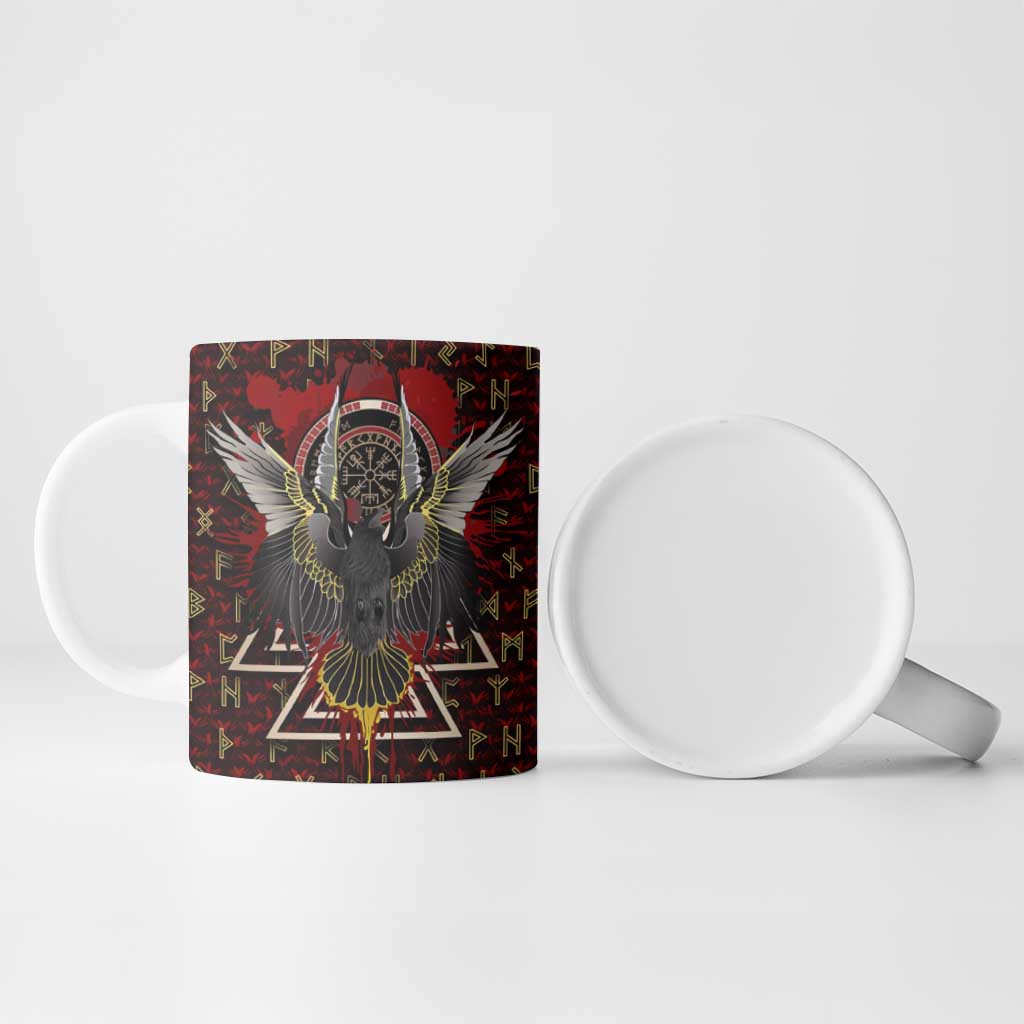 Raven and Bear Norse Symbolism Ceramic Mug Viking Blood Red Rune Art Style