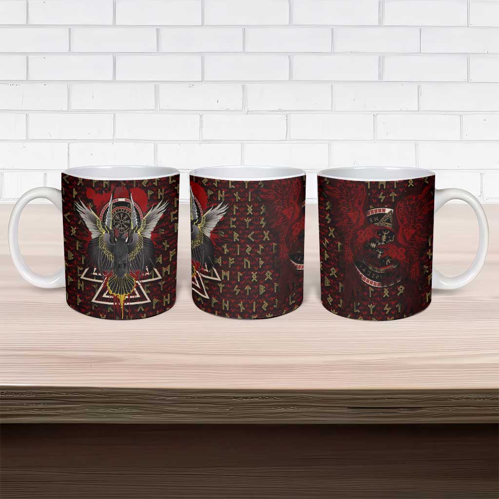 Raven and Bear Norse Symbolism Ceramic Mug Viking Blood Red Rune Art Style