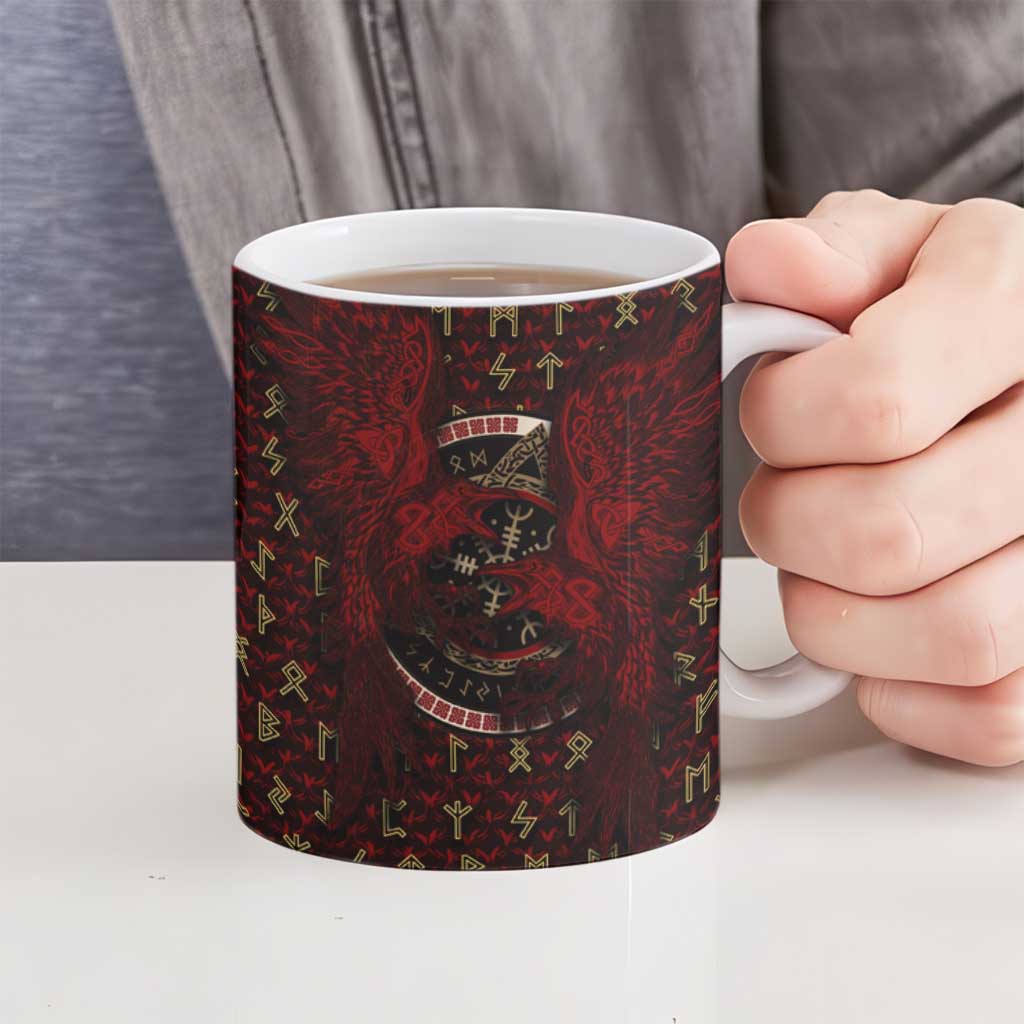 Raven and Bear Norse Symbolism Ceramic Mug Viking Blood Red Rune Art Style