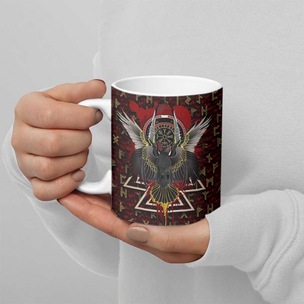 Raven and Bear Norse Symbolism Ceramic Mug Viking Blood Red Rune Art Style