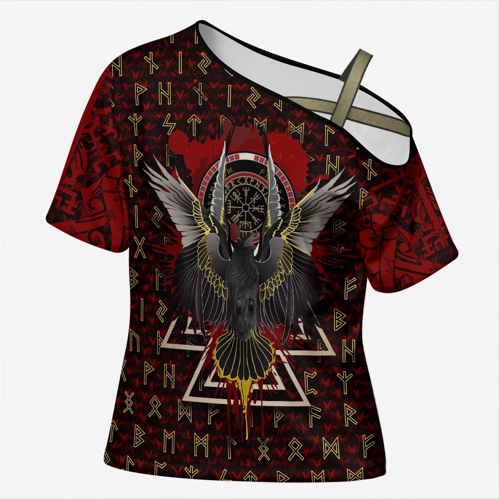 Raven and Bear Norse Symbolism Cross Shoulder Shirt Viking Blood Red Rune Art Style