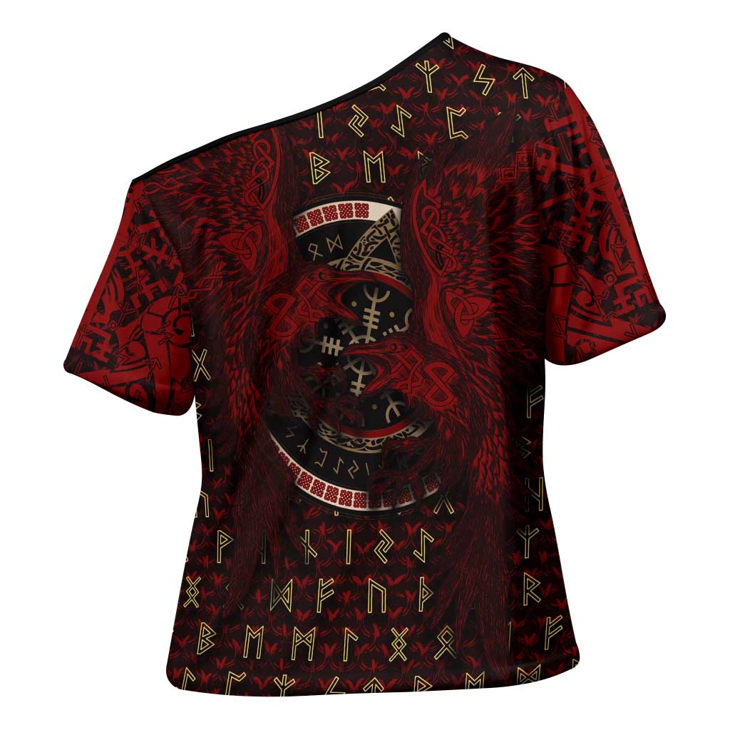 Raven and Bear Norse Symbolism Cross Shoulder Shirt Viking Blood Red Rune Art Style