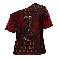 Raven and Bear Norse Symbolism Cross Shoulder Shirt Viking Blood Red Rune Art Style