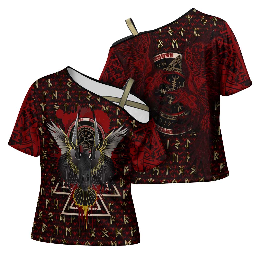 Raven and Bear Norse Symbolism Cross Shoulder Shirt Viking Blood Red Rune Art Style