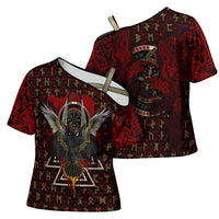 Raven and Bear Norse Symbolism Cross Shoulder Shirt Viking Blood Red Rune Art Style