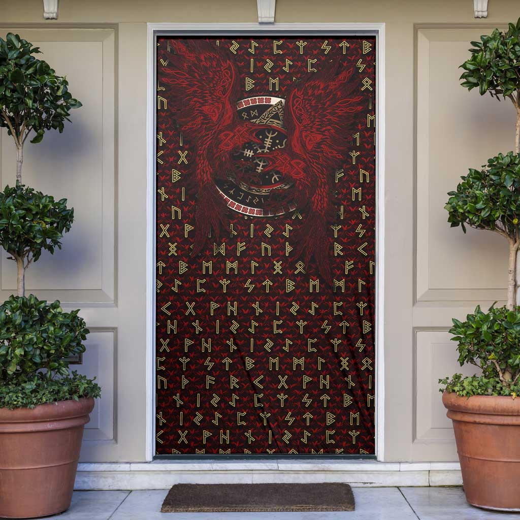 Raven and Bear Norse Symbolism Door Cover Viking Blood Red Rune Art Style