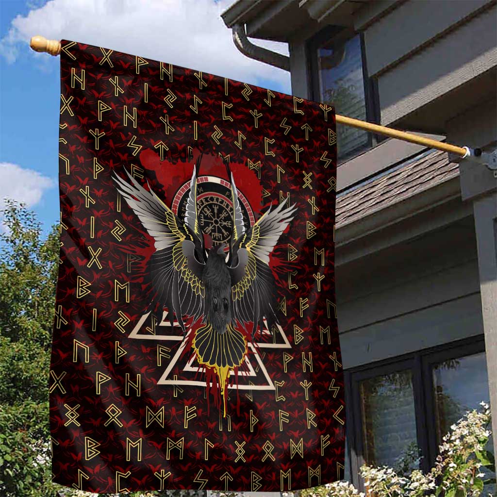 Raven and Bear Norse Symbolism Garden Flag Viking Blood Red Rune Art Style