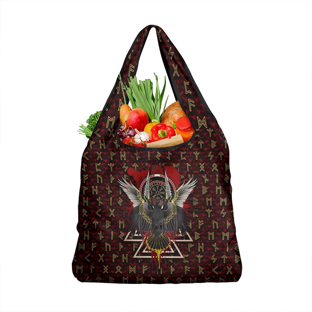 Raven and Bear Norse Symbolism Grocery Bag Viking Blood Red Rune Art Style