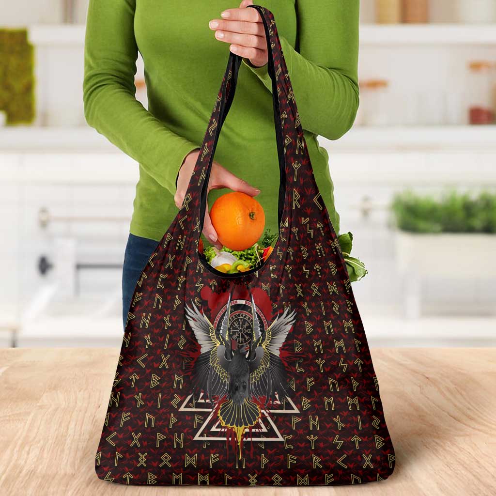 Raven and Bear Norse Symbolism Grocery Bag Viking Blood Red Rune Art Style