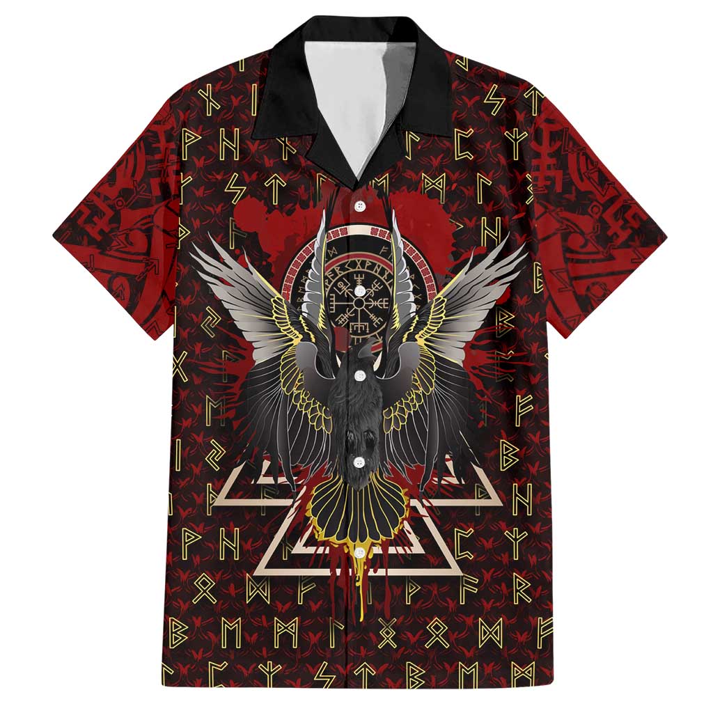 Raven and Bear Norse Symbolism Hawaiian Shirt Viking Blood Red Rune Art Style