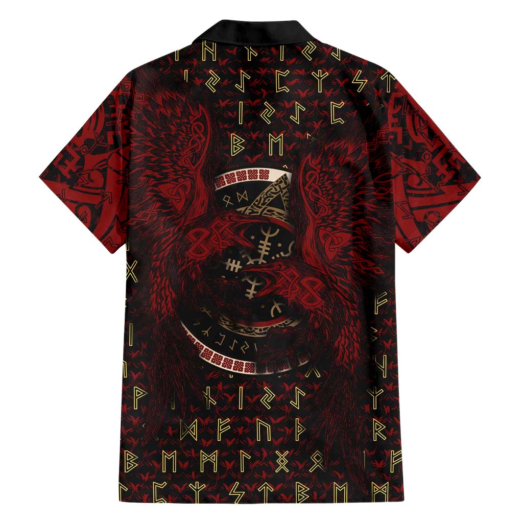 Raven and Bear Norse Symbolism Hawaiian Shirt Viking Blood Red Rune Art Style