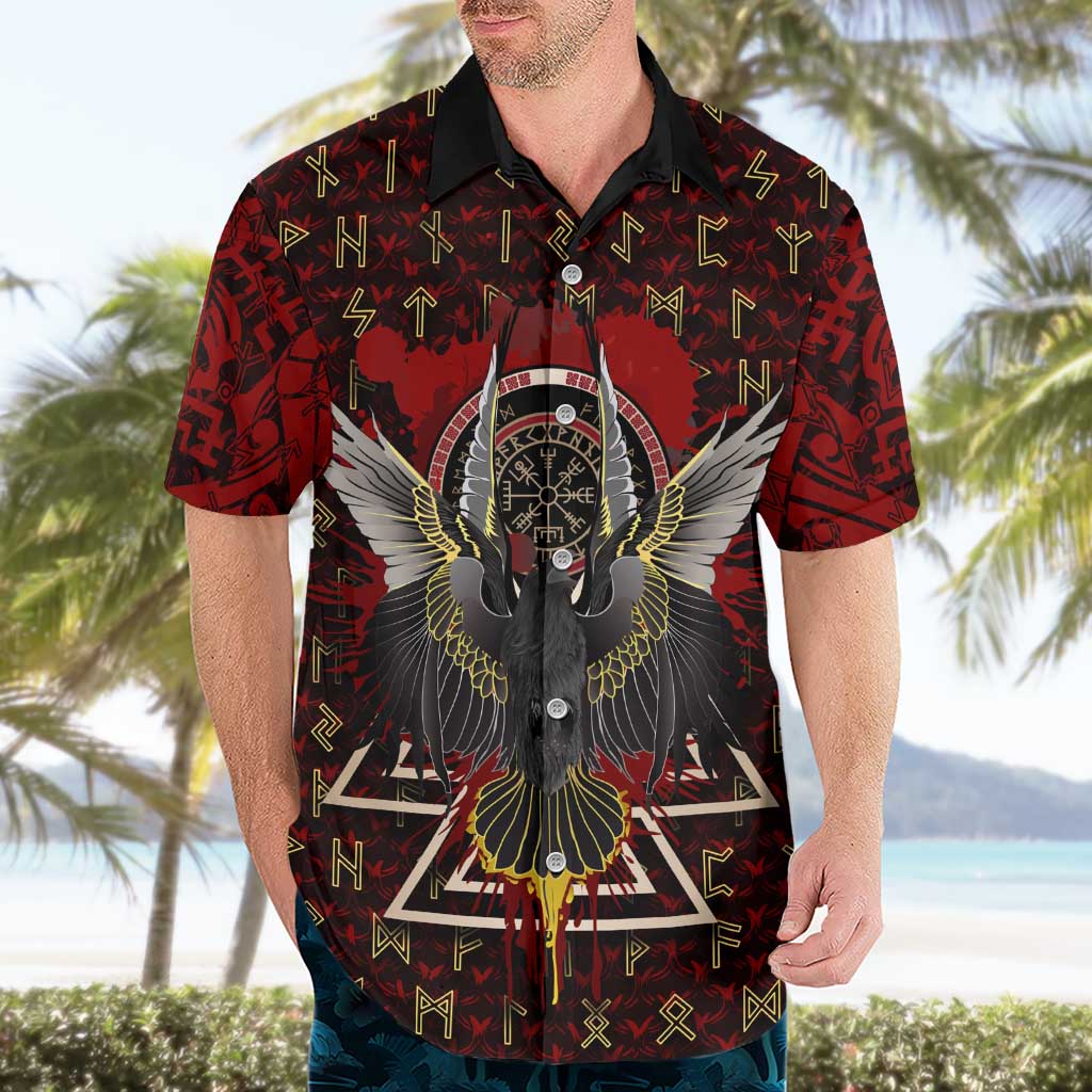 Raven and Bear Norse Symbolism Hawaiian Shirt Viking Blood Red Rune Art Style
