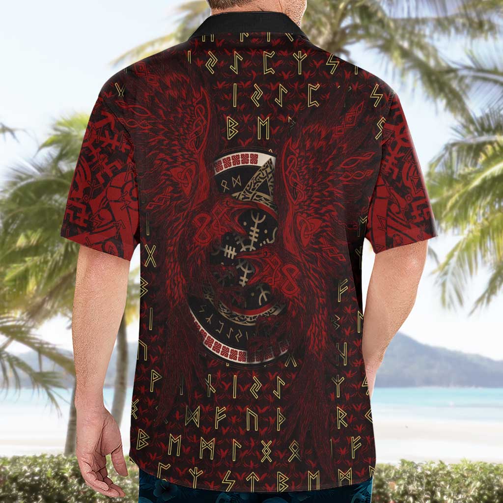 Raven and Bear Norse Symbolism Hawaiian Shirt Viking Blood Red Rune Art Style