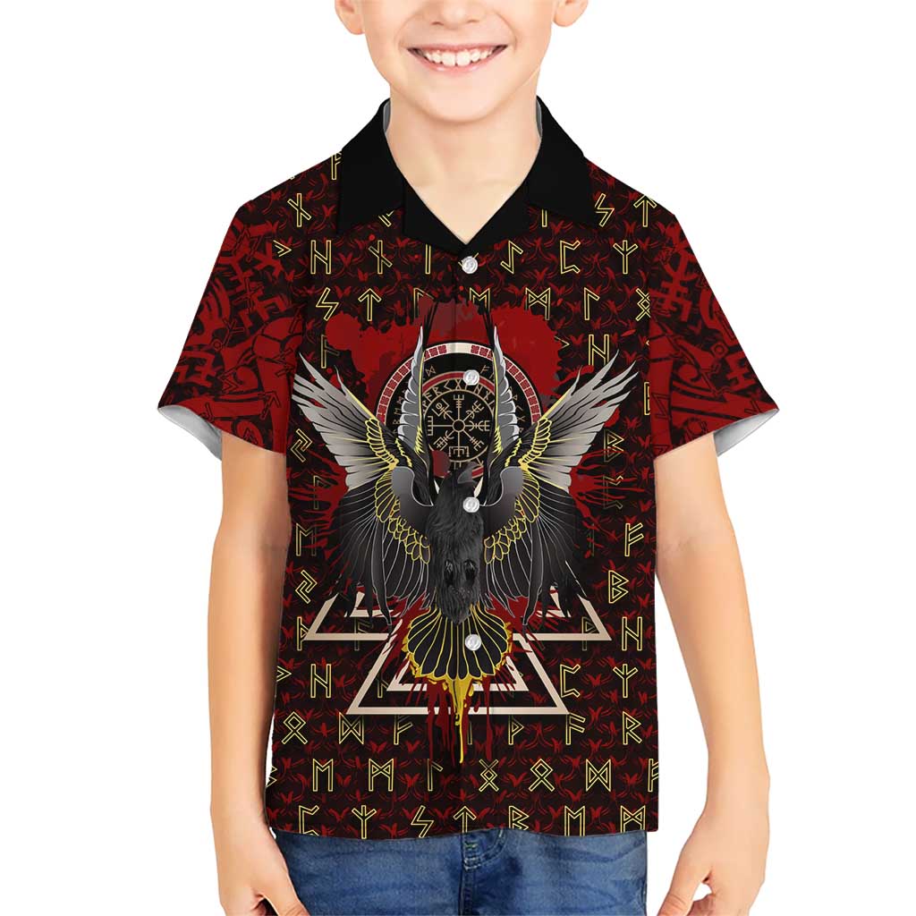 Raven and Bear Norse Symbolism Hawaiian Shirt Viking Blood Red Rune Art Style