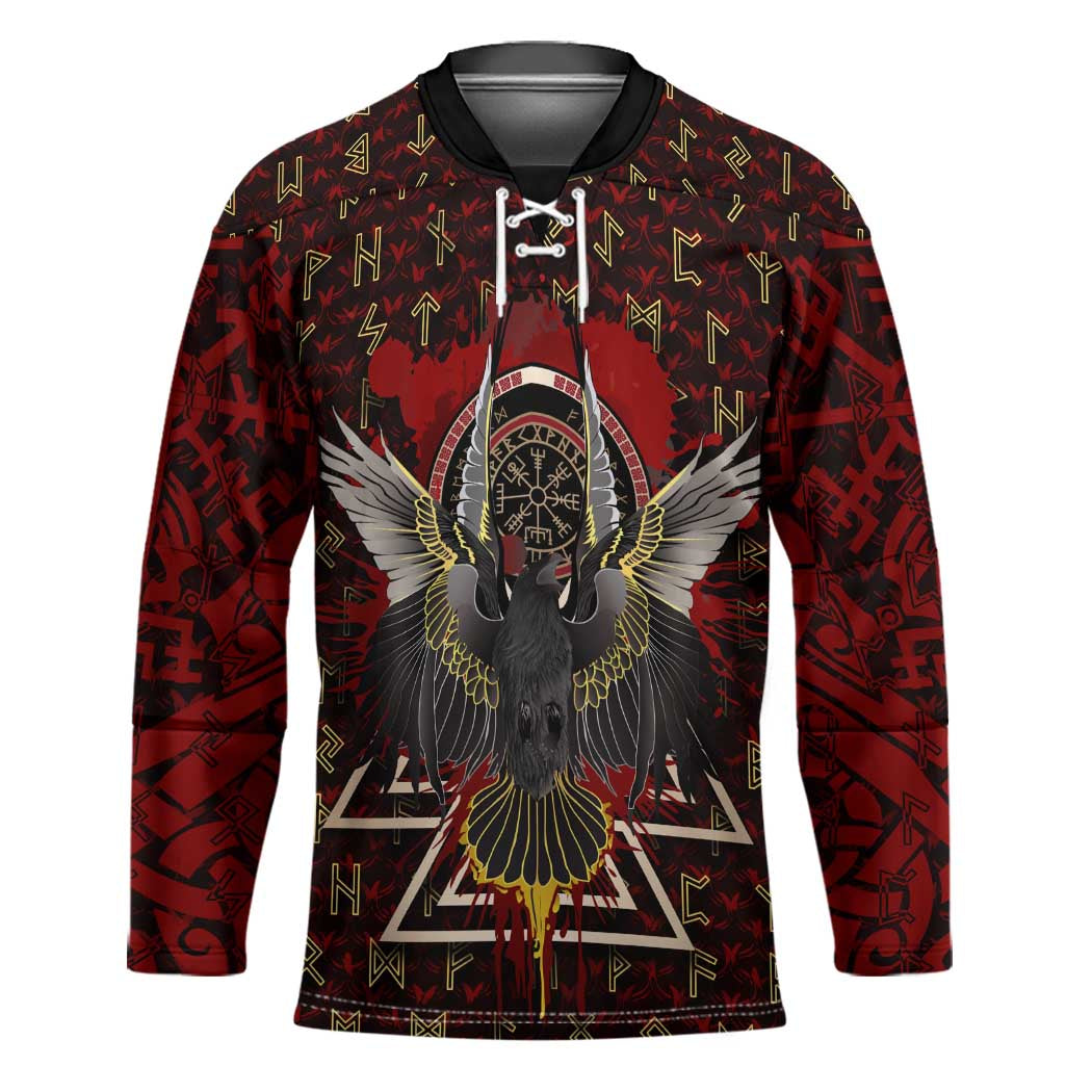 Raven and Bear Norse Symbolism Hockey Jersey Viking Blood Red Rune Art Style