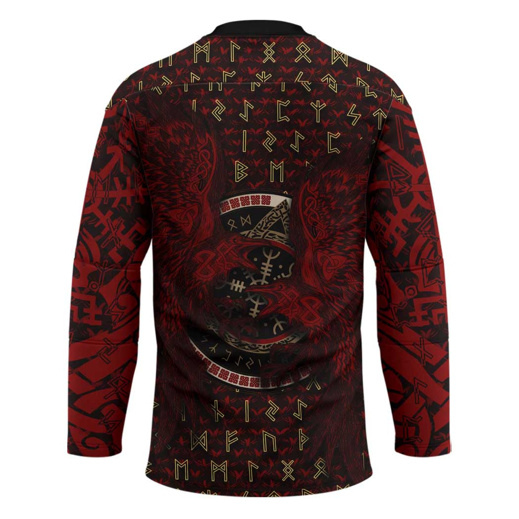 Raven and Bear Norse Symbolism Hockey Jersey Viking Blood Red Rune Art Style