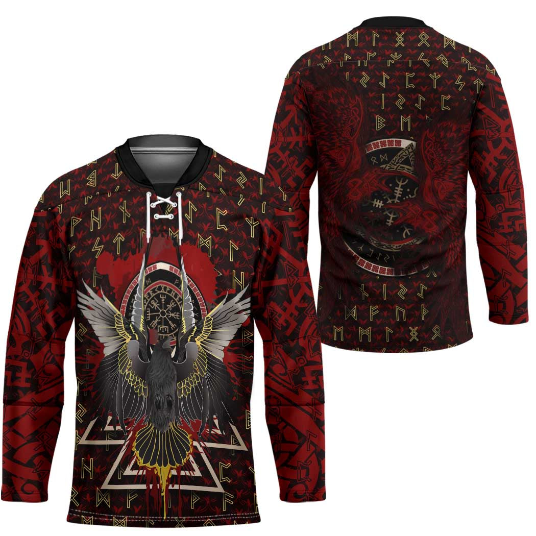 Raven and Bear Norse Symbolism Hockey Jersey Viking Blood Red Rune Art Style