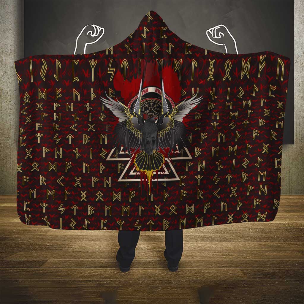 Raven and Bear Norse Symbolism Hooded Blanket Viking Blood Red Rune Art Style