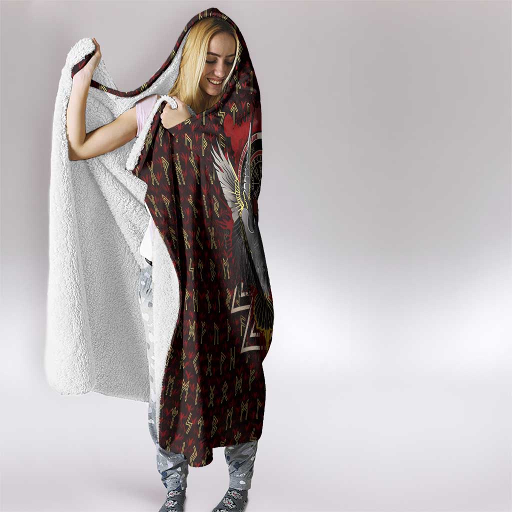 Raven and Bear Norse Symbolism Hooded Blanket Viking Blood Red Rune Art Style