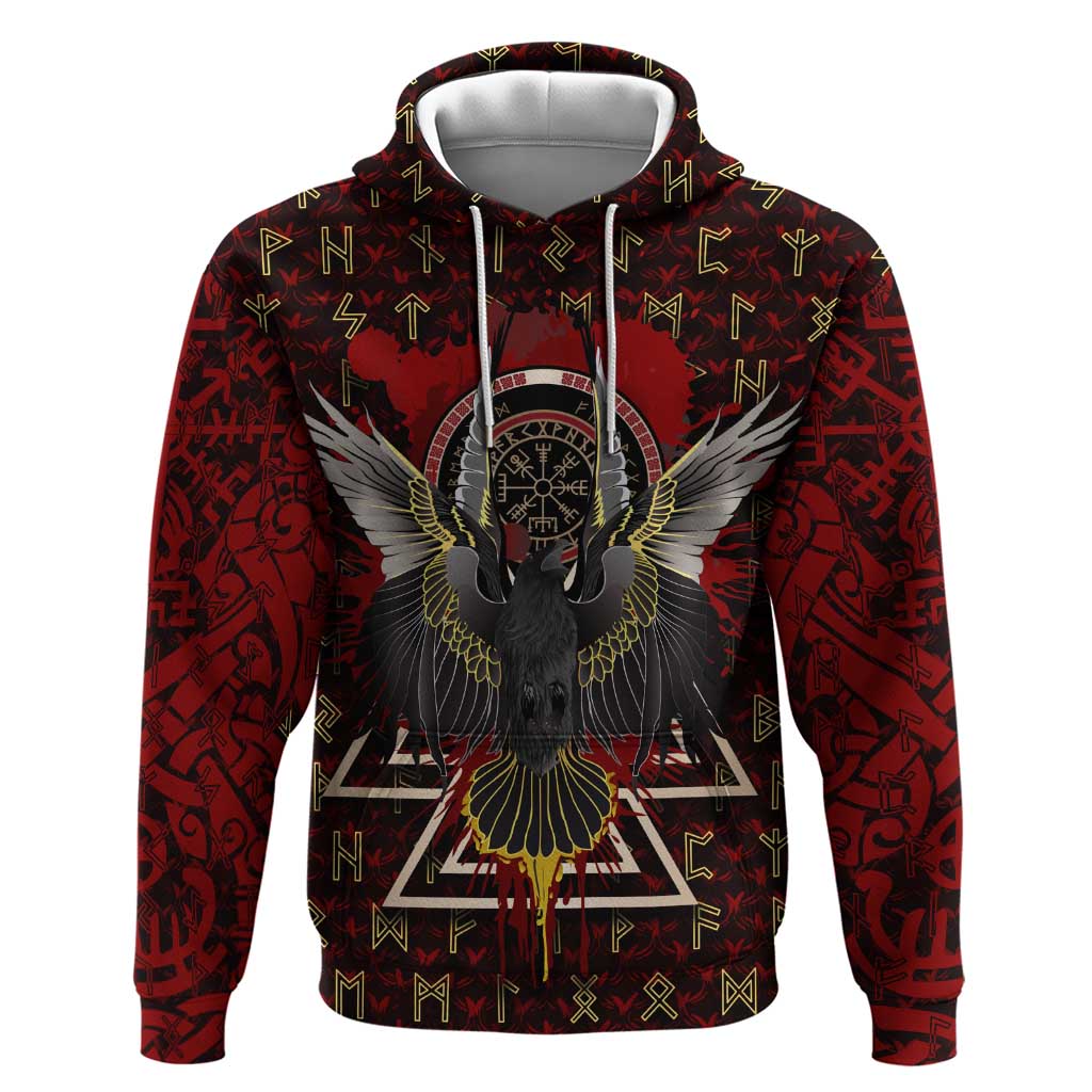 Raven and Bear Norse Symbolism Hoodie Viking Blood Red Rune Art Style