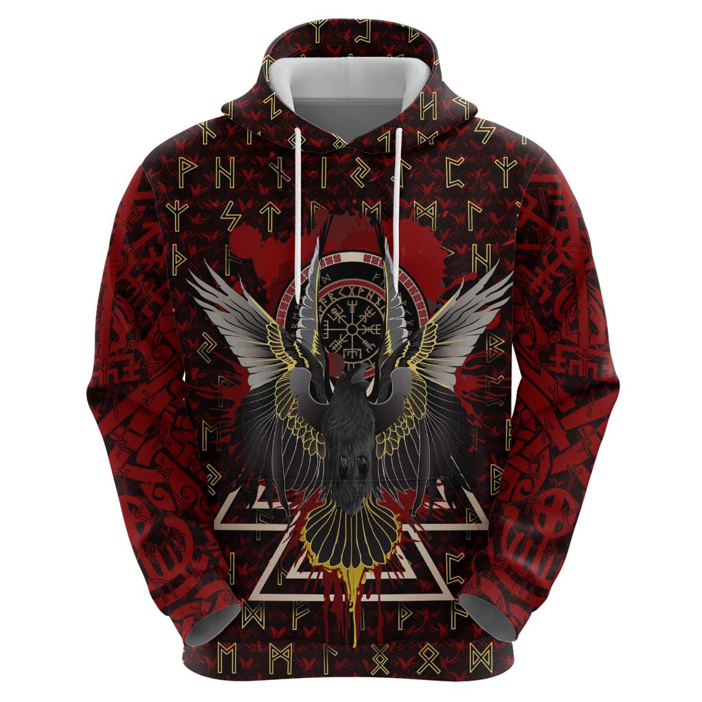 Raven and Bear Norse Symbolism Hoodie Viking Blood Red Rune Art Style