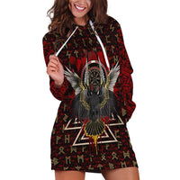 Raven and Bear Norse Symbolism Hoodie Dress Viking Blood Red Rune Art Style