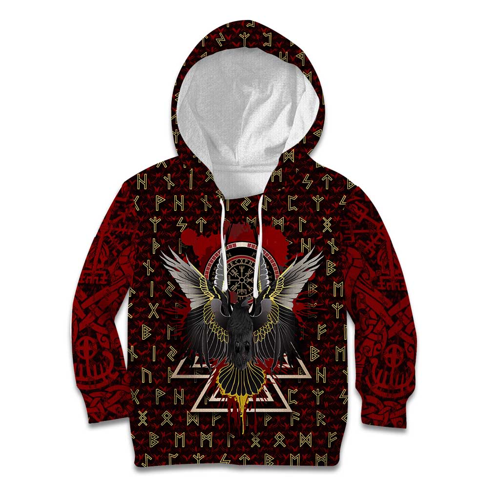 Raven and Bear Norse Symbolism Kid Hoodie Viking Blood Red Rune Art Style
