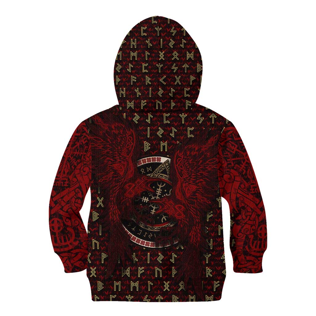 Raven and Bear Norse Symbolism Kid Hoodie Viking Blood Red Rune Art Style