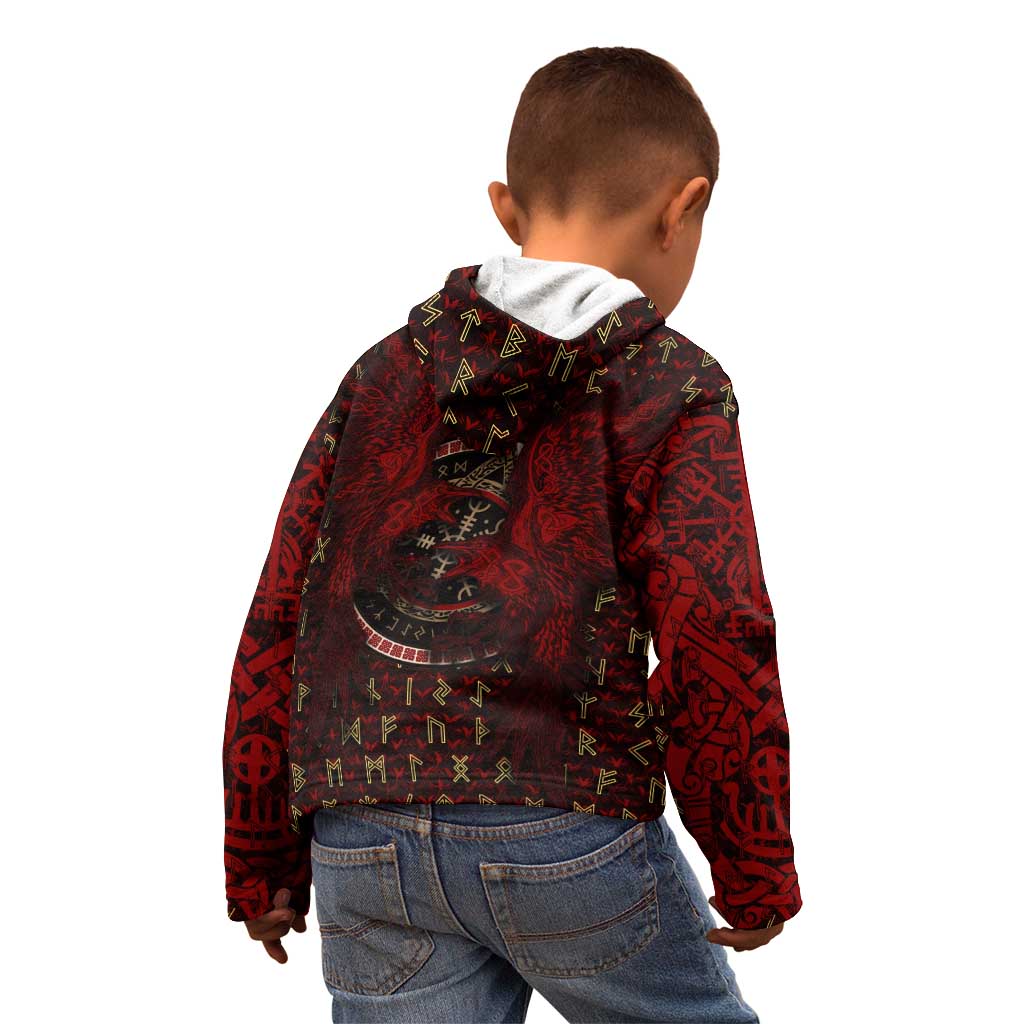 Raven and Bear Norse Symbolism Kid Hoodie Viking Blood Red Rune Art Style