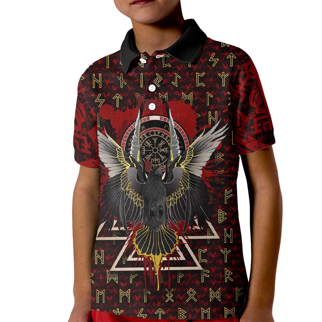 Raven and Bear Norse Symbolism Kid Polo Shirt Viking Blood Red Rune Art Style