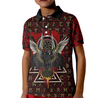 Raven and Bear Norse Symbolism Kid Polo Shirt Viking Blood Red Rune Art Style