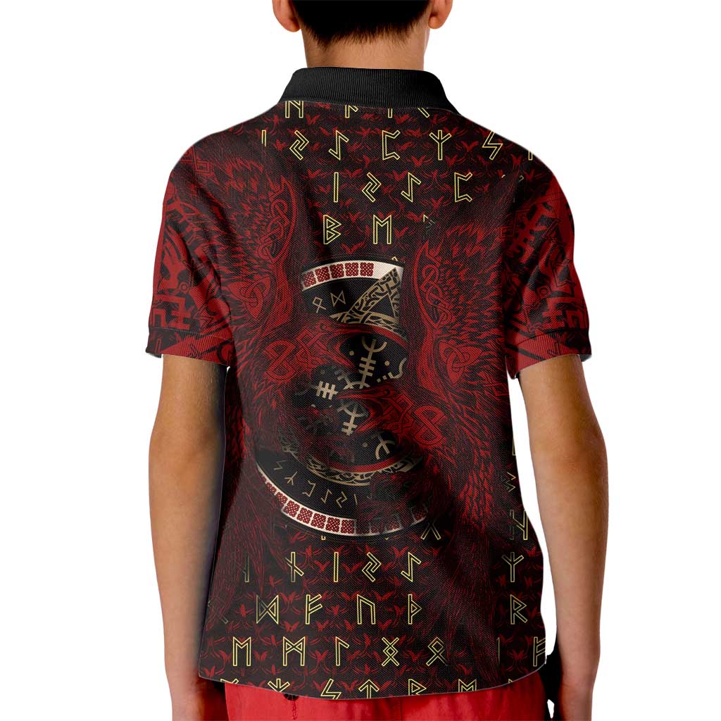 Raven and Bear Norse Symbolism Kid Polo Shirt Viking Blood Red Rune Art Style