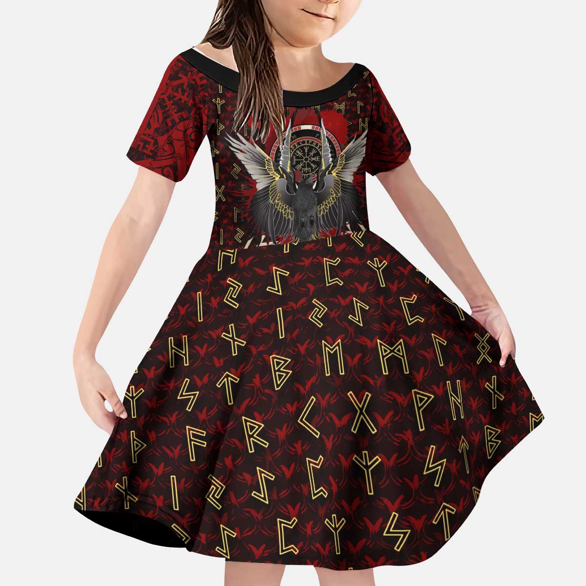 Raven and Bear Norse Symbolism Kid Short Sleeve Dress Viking Blood Red Rune Art Style