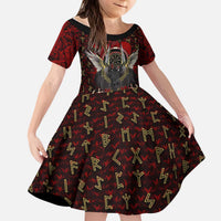 Raven and Bear Norse Symbolism Kid Short Sleeve Dress Viking Blood Red Rune Art Style