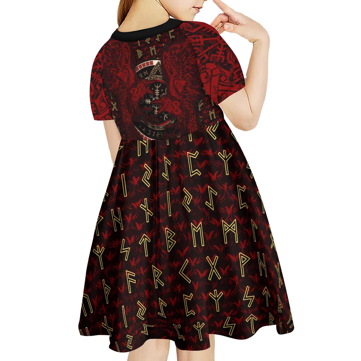 Raven and Bear Norse Symbolism Kid Short Sleeve Dress Viking Blood Red Rune Art Style