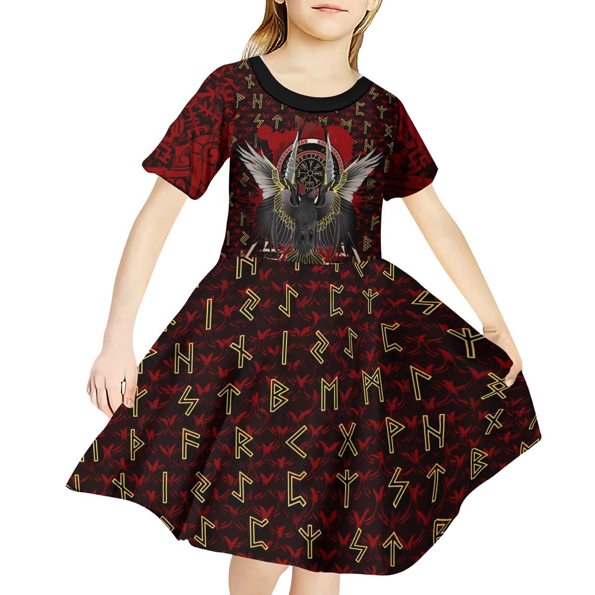 Raven and Bear Norse Symbolism Kid Short Sleeve Dress Viking Blood Red Rune Art Style