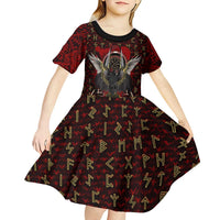 Raven and Bear Norse Symbolism Kid Short Sleeve Dress Viking Blood Red Rune Art Style